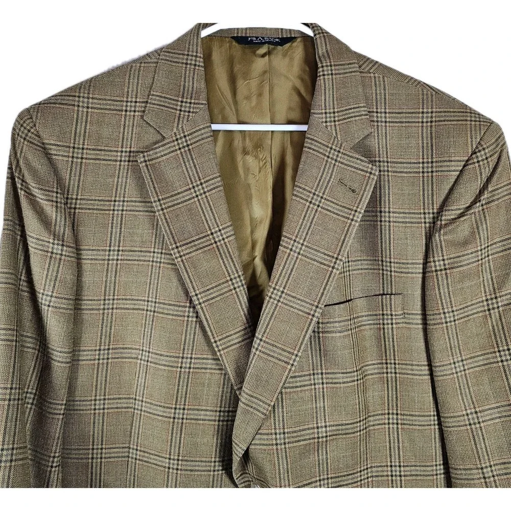 Vtg Jos A Bank Sport‎ Coat Blazer Mens 44R Silk Wool Jacket Windowpane Plaid